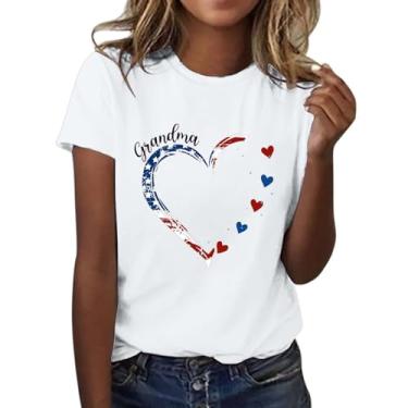 Imagem de Camiseta feminina patriótica com bandeira americana de 4 de julho, gola redonda, manga curta, túnica com estampa de coração, blusa casual de verão, Branco, 3G