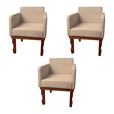 Imagem de Kit 3 Poltronas Nina Retrô Pés de Madeira Maciça Linho Bege