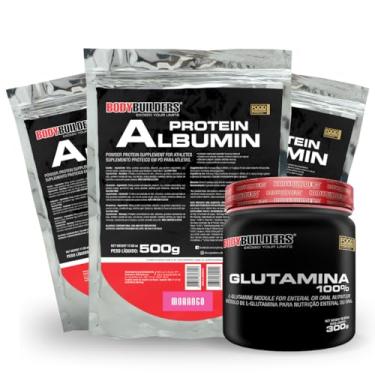 Imagem de Kit 3x Albumin Protein Morango 500g + 100% Glutamina 300g - Bodybuilders