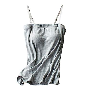 Imagem de Cami feminino com sutiã de prateleira embutido elástico sólido camiseta camiseta alças ajustáveis tops tubinho para meninas adolescentes, Cinza, GG