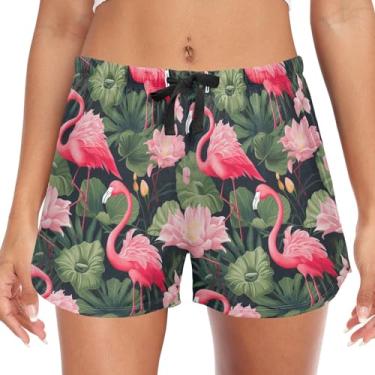 Imagem de CHIFIGNO Short feminino de pijama com bolsos, calça de pijama confortável para o verão, P-2GG, Flamingo rosa e flores folhas verdes, P