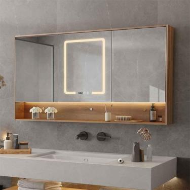 Imagem de Espelho do banheiro com armário de espelho anti-nevoeiro de armazenamento para vaidade hd retângulo armário de parede do banheiro com interruptor de toque decoração de casa, 80cm