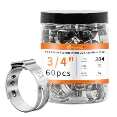 Imagem de WYSIWYKA 60 peças de anéis de fixação PEX de 3/10.2 cm, braçadeiras de mangueira de orelha única de aço inoxidável 304, anéis de crimpagem Pex para conexões de encaixe de tubulação PEX