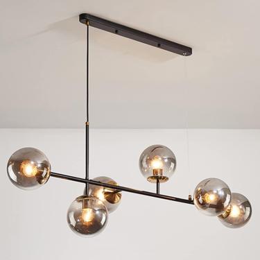 Imagem de Lustre moderno de globo de vidro com 6 luzes, lustres industriais de meados do século, luminária pendente de teto linear, luz suspensa de metal com abajur de bola de vidro para sala de estar