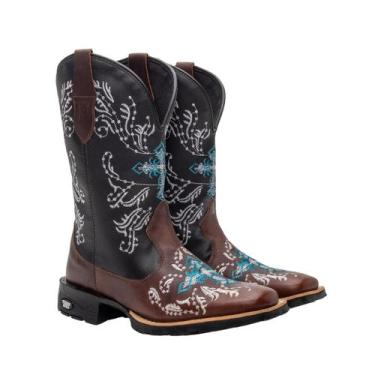 Imagem de Bota Feminina Texana Cano Longo Texas Gold Bordada Azul 10000, 35, Caf