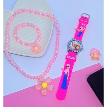 Imagem de Kit Relógio Infantil Analógio Menina Princesa Disney Desenho 3D Silico