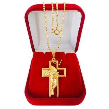 Imagem de Gargantilha Colar Pingente Cruz Crucifixo Jesus Cristo Folheada a Ouro