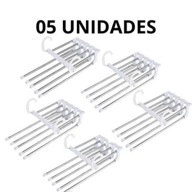 Imagem de Kit com 5 Cabides de Calça em Inox Multifuncional e Dobrável Organiza 