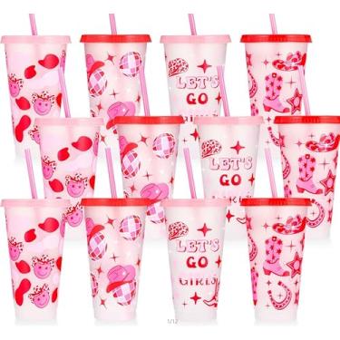 Imagem de XLSXEXCL 12 peças de copos de vaqueira ocidental com tampas e canudos, copo de glitter de 680 g, lembrancinhas de festa de vaqueira, copos de bebida para o dia dos namorados, lembrancinhas de festa