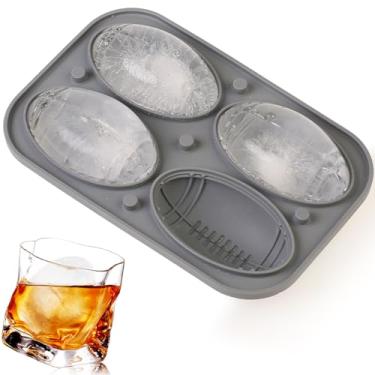 Imagem de Amyandone Bandeja para cubos de gelo com tampa, molde grande de silicone redondo para cubos de gelo com formato de futebol americano para freezer, 4 formas de gelo de esfera grande para uísque,