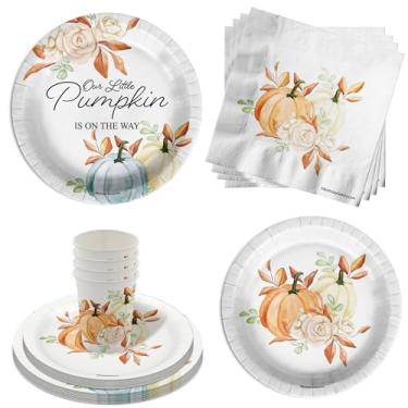 Imagem de Conjunto de utensílios de mesa de 64 peças para chá de bebê Fall Pumpkin Boy inclui pratos de papel grandes de 23 cm, pratos de sobremesa, copos e guardanapos, kit para 16