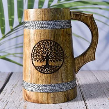 Imagem de Caneca de cerveja indiana para ele-Estilo Viking Caneca de madeira de 623 g - Caneca de cerveja de madeira natural - Presentes de casamento e aniversário para ele (ambos os lados gravam uma caneca de