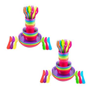 Imagem de Cuddly Hippo Conjunto de louça de plástico infantil com 72 peças multicoloridas (pratos, tigelas, copos e talheres) – reutilizável, livre de BPA, lavável na lava-louças e no micro-ondas