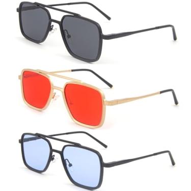 Imagem de Dollger Óculos de sol masculinos quadrados aviador mola dobradiça armação de metal óculos de sol femininos confortáveis punk óculos de sol masculinos, 3 pacotes: cinza + vermelho + azul, Large