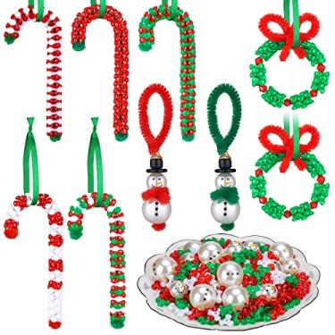Imagem de 1725 peças kit de enfeites de Natal com contas inclui 75 bonecos de neve com contas 50 guirlandas de haste de chenille contas de bengala doce 1600 contas triangulares de Natal DIY artesanato de Natal para crianças decoração de árvore de natal