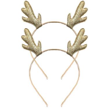 Imagem de DALJIAFA Faixa de cabelo de rena de Natal com chifres de rena de Natal, acessório para cabelo feminino de veado, Dourado, P