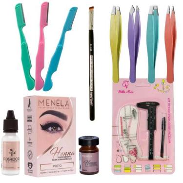 Imagem de Kit Designer Sobrancelhas Henna MENELA Completo 4 Pinças 3 Navalhas Pi