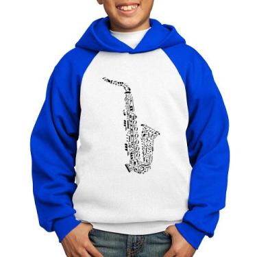 Imagem de Moletom Infantil Saxofone Notas Musicais - Foca na Moda, Branco, Azul,