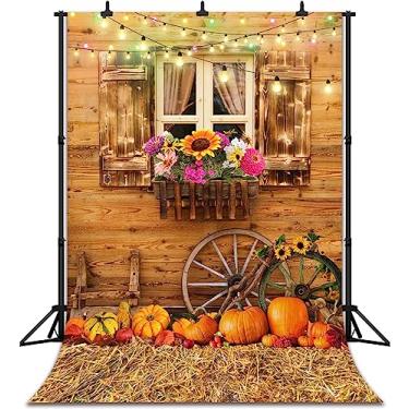 Imagem de DePhoto Ação de Graças Outono Colheita Fotografia Pano de Fundo Vintage Casa de Madeira Abóbora Girassol Palheiro na Frente da Janela Retrato Decoração de Festa de Feriado Fundo