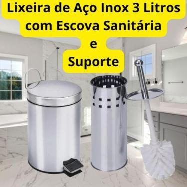 Imagem de Lixeira de Aço Inox 3 Litros com Escova Sanitária e Suporte - Thika