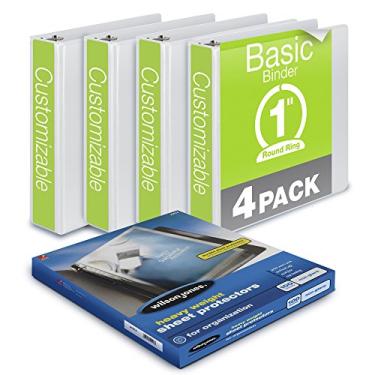 Imagem de Wilson Jones Fichário de 3 anéis de 2,5 cm, fichário de visualização de anel redondo, kit de protetores de folha, branco, pacote com 4 (W362-14WKIT2)