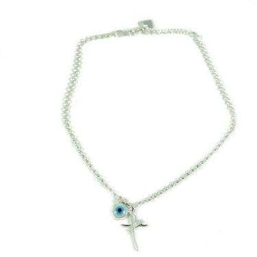 Imagem de Tornozeleira Prata Legitima 925 Elo Fé E Olho Grego - Lojas La&Ny