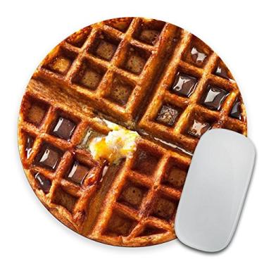 Imagem de Waffle gigante com manteiga derretida e xarope - Tapete de rato circular - Mousepad - Engraçado - Presente de colega de trabalho para professor - Comida realista - Café da manhã