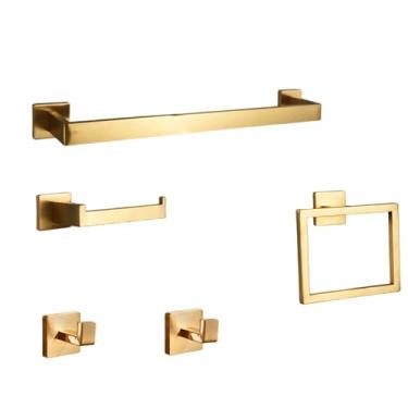 Imagem de Conjunto de ferragens de ouro escovado, prateleira de banheiro, barra de toalha, gancho para roupão, suporte para rolo de papel higiênico, acessórios de banheiro pretos, dourado, conjunto de 5 pe