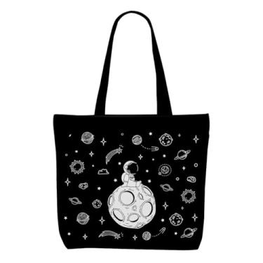 Imagem de Decohim Linda sacola de lona de lua astronauta boho com bolso para trabalho, escritório, mulheres, presentes de aniversário de Natal, Preto 1161, 16.3 x 13 inches