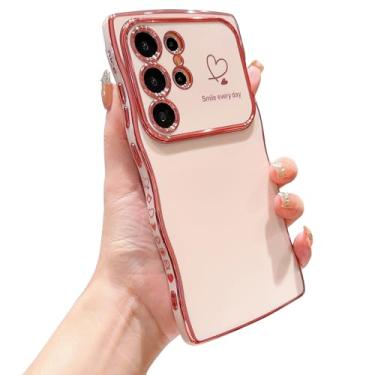 Imagem de IDweel Capa para Galaxy S24 Ultra para mulheres e meninas, moldura ondulada fofa de luxo em formato encaracolado com coração de amor, proteção de câmera levantada, slim fit, capa de telefone leve à