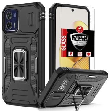Imagem de FRLMOOES Capa para Motorola Moto G73 com 2 protetores de tela de vidro temperado, com anel de suporte e capa de câmera deslizante, para Motorola Moto G73, capa de proteção de grau militar à prova de