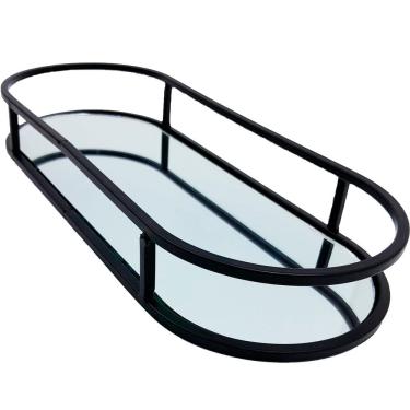 Imagem de Bandeja Espelhada Oval Metal Preto Lavabo Multiuso 30x12cm