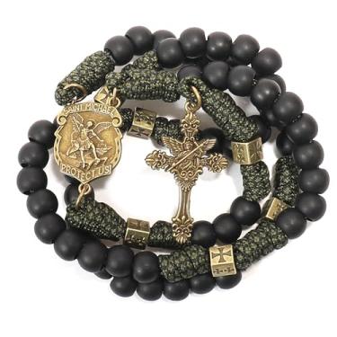 Imagem de Nazareth Store Colar de rosário de paracord de metal bronze antigo resistente durável contas de oração preto fosco com medalha de santo e crucifixo, Contas de acrílico, Sem Pedra Preciosa