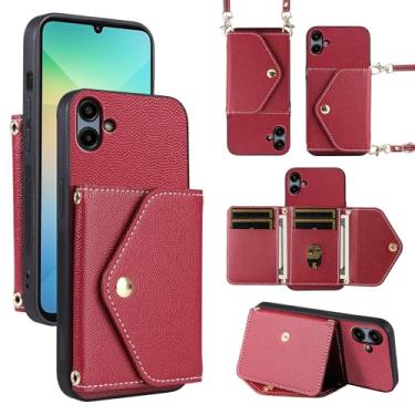Imagem de Dibosom Capa carteira minimalista para Samsung Galaxy A05 com alça de ombro, bolsa flip fina e fina, suporte de cartão de crédito de couro PU acessórios para celular Ao5 A 05 mulheres homens vermelha