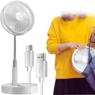 Imagem de Ventilador branco silencioso para dormir baixo ruido portátil dobrável Bateria economica Recarregável 3 velocidades e modo intermitente Bivolt Voltagem 110v 220v alta duração + cabo USB incluso