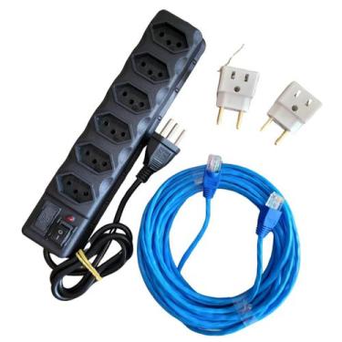 Imagem de Kit filtro de linha 6 tomadas + cabo rede 10m + 2 adaptadores - HAUSDE