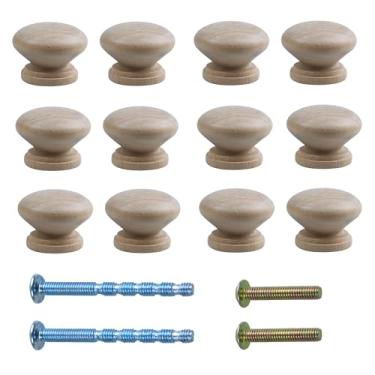 Imagem de bociloy 12 maçanetas redondas de madeira inacabadas de 3,3 cm, puxadores de armário em forma de cogumelo, puxadores de cômoda de madeira natural para armário de cozinha, guarda-roupa de móveis, marrom