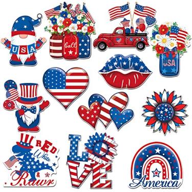 Imagem de 12 Pcs 4th of July Refrigerator Magnets Patriotic Magnets Decorations Independence Day Gnome Magnet USA Flag Decorative Magnetic Stickers for Fridge Metal Door Mailbox Locker Cabinets Decor
