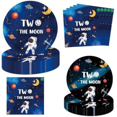 Imagem de Letromp 40 peças de decorações de aniversário Two the Moon 2 the Moon Party Pratos de papel guardanapos para espaço sideral/galáxia astronauta/homem espacial/robô tema OVNI bebês meninos 2º