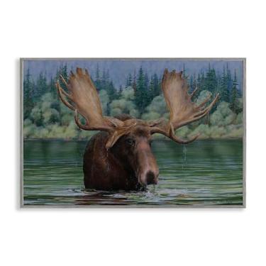 Imagem de Stupell Industries Arte de parede giclée emoldurada Moose Swimming in Lake Gray por Valerie Rogers, 61 x 40 cm