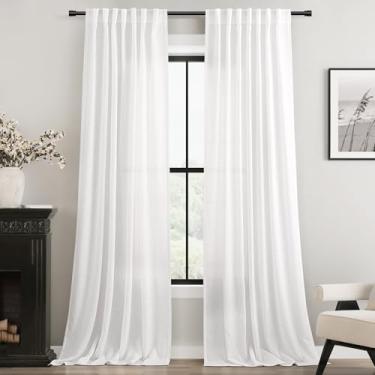 Imagem de Cortinas brancas 244 cm de comprimento, 2 painéis, aba traseira, filtro de luz, cortina texturizada de algodão moderno, decoração costeira, cortinas de linho branco com 244 cm de comprimento para