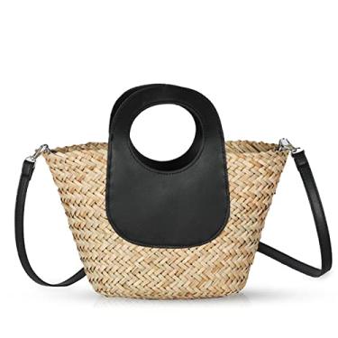 Imagem de QTKJ Bolsa de palha, bolsa de praia para mulheres, bolsa macia tecida à mão, alça de couro com design transversal mini praia, bolsa de tecido para viagens de férias diárias (preta, Preto