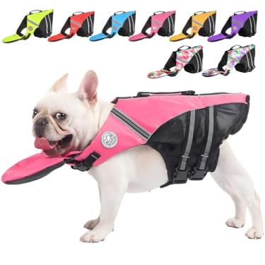 Imagem de Colete salva-vidas para cães, colete salva-vidas buldogue francês para nadar, colete de natação para cães com boia de queixo e alça de resgate, coletes salva-vidas para filhotes de cachorro de alta