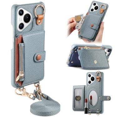 Imagem de Capa de telefone carteira transversal removível durável para Huawei Pura 70, bolsa com zíper, suporte de anel, espelho integrado, compartimento para cartão, suporte de vários ângulos em elegante capa