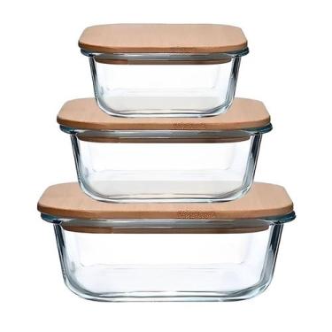 Imagem de Kit Pote Hermético 3 Pçs Vidro Tampa Bambu 320ml 500ml 800ml - Kadê