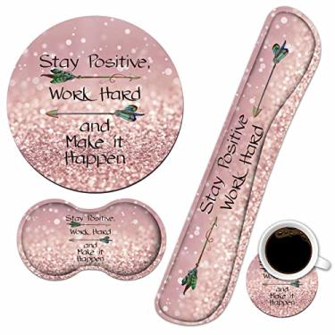 Imagem de Descanso de pulso para teclado + descanso de pulso para mouse com porta-copos e citação inspiradora que fique positiva no trabalho duro e faça com que isso aconteça, mouse pad com base de borracha antiderrapante para casa, escritório, estudo