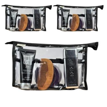 Imagem de Kit Necessaire Grande com Divisória Para Maquiagem Bolsa Viés Branco/Preto De Plástico Transparente (3 peças - Preto)