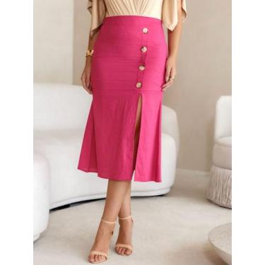 Imagem de Saia midi de linho com elastano - Lumia, Rosa, GG