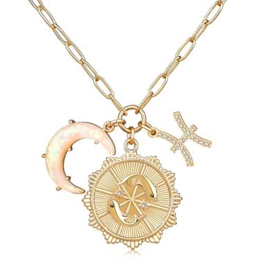 Imagem de MISS RIGHT Colar de moedas de signo do zodíaco de ouro com pingente de lua crescente de opala para mulheres meninas da moda, corrente delicada de clipe de papel de ouro 12 colares de horóscopo de constelação colares de astrologia joias presentes, 18.11 inches, Gema, Zircônia cúbica