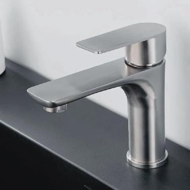 Imagem de Torneira Luxo Inox Lavatório Bancada Baixa Monocomando Escovada Inox Cromada Escovado